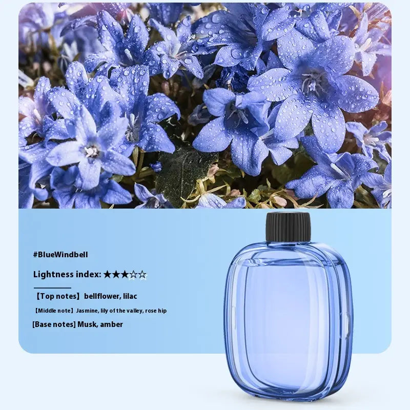 A translucent blue glass perfume bottle with a black cap featuring an elegant rectangular shape and subtle vertical ridges for essential oil refill for v01pro aroma diffuser 50ml.