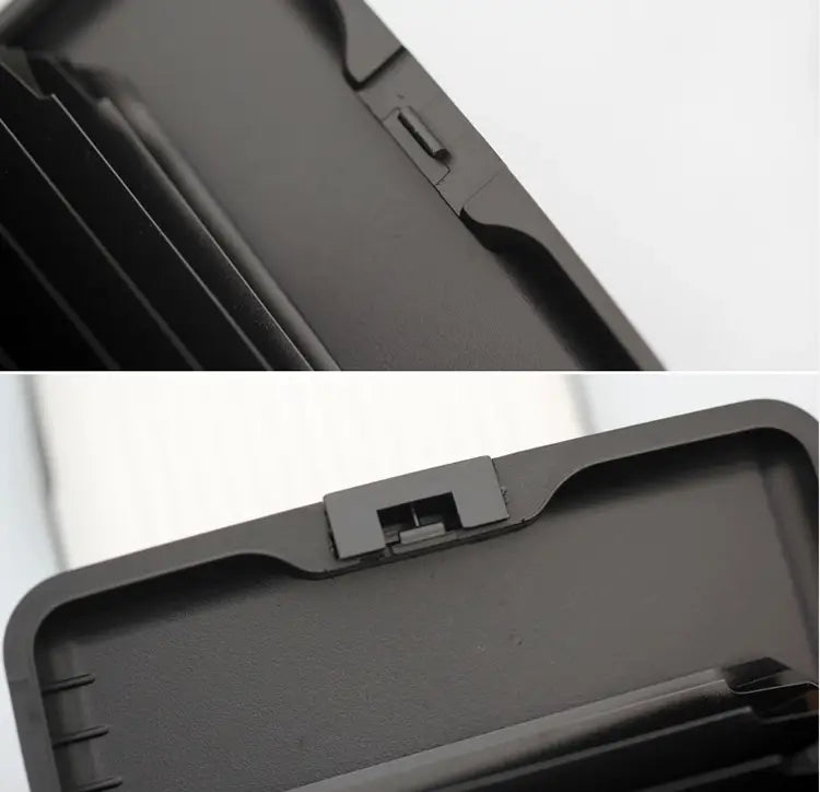 black plastic phone case with snap-on closure designed for rfid blocking aluminum alloy ribbed card holder case showing the back side.