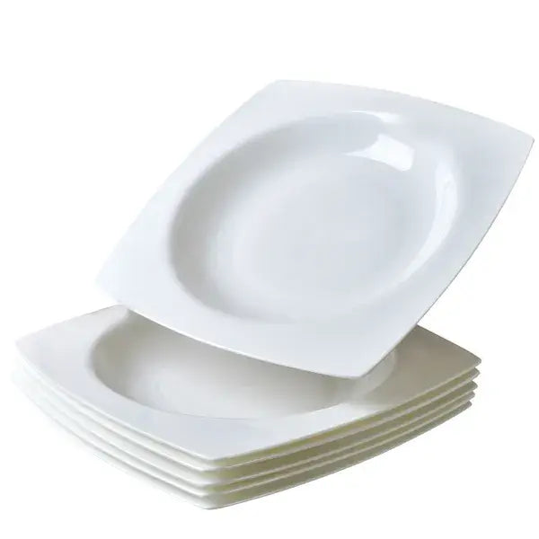 White square ceramic salad plates set of 6 with softly rounded edges and a subtle glossy finish.