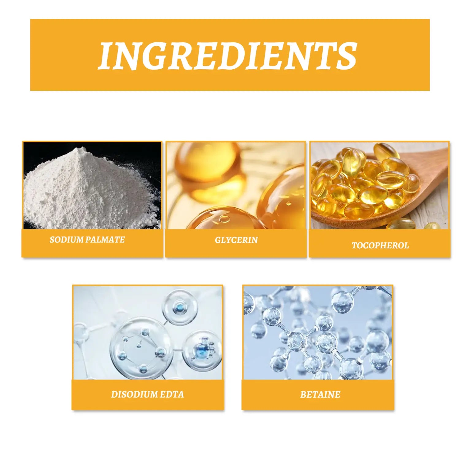 le verso de la barre de savon en noir pour cheveux à couverture gris East Moon Men’s présente une liste de cinq ingrédients courants de soins de la peau, notamment le palmitate de sodium sous forme de poudre blanche, la glycérine en gouttes liquides dorées et le tocophérol en capsules translucides jaunâtres.