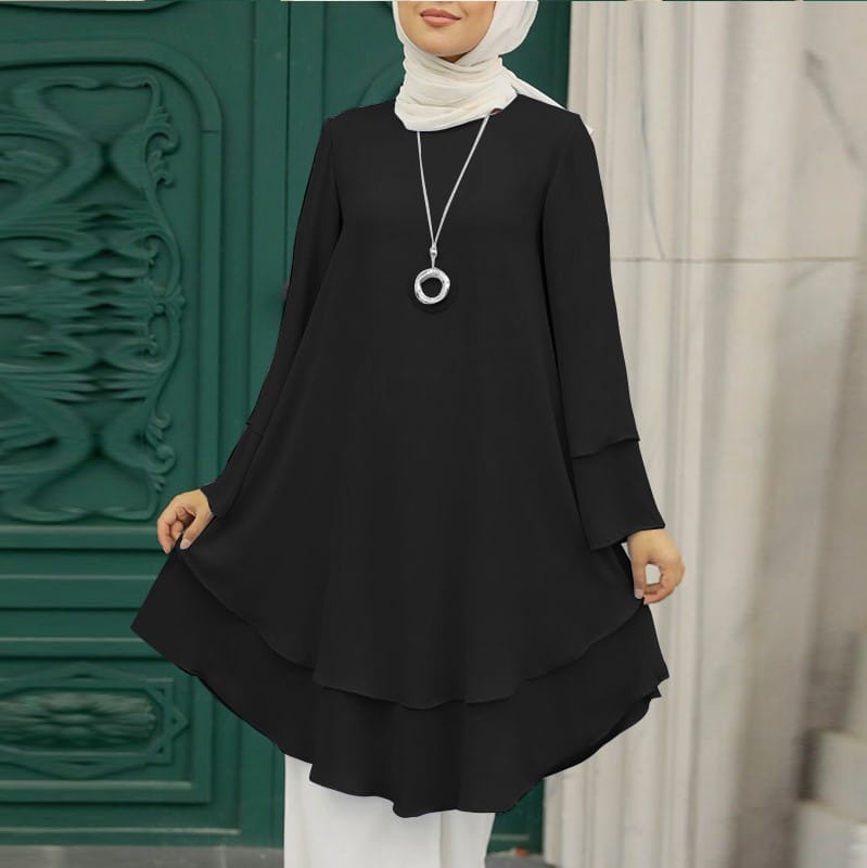 Schwarzes Rüschenvolant-Langtuniken-Kleid mit gestuft fließendem Stoff, langen Ärmeln und lockerer Passform, geeignet für das Partyleben.
