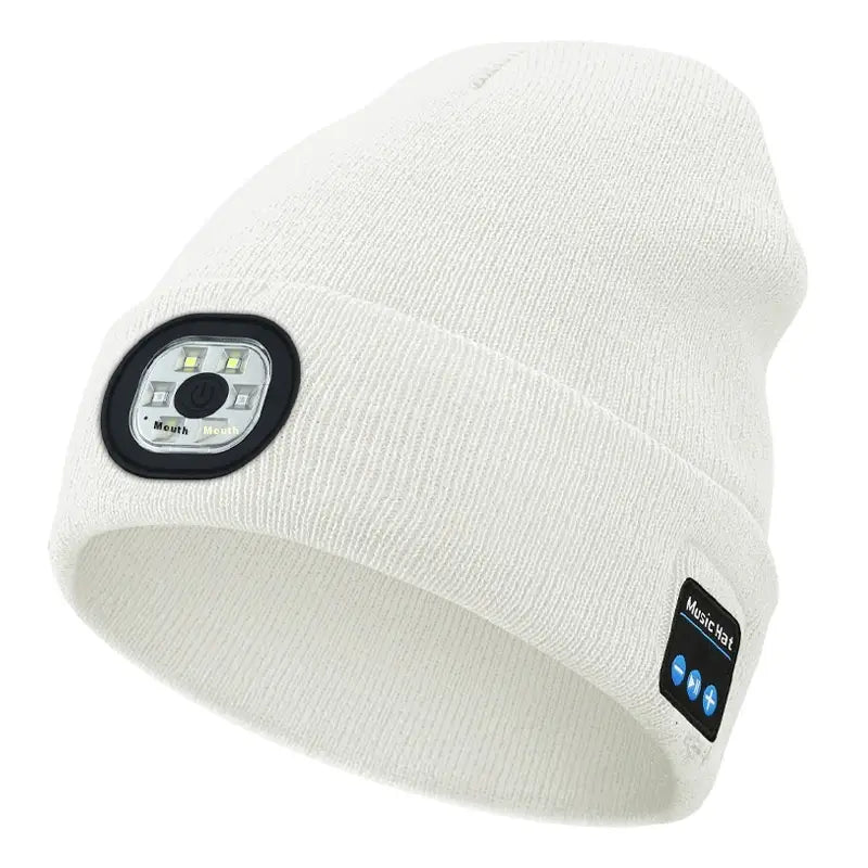 White knit beanie with integrated led light and bluetooth controls featured in a rechargeable washable led bluetooth beanie hat product.