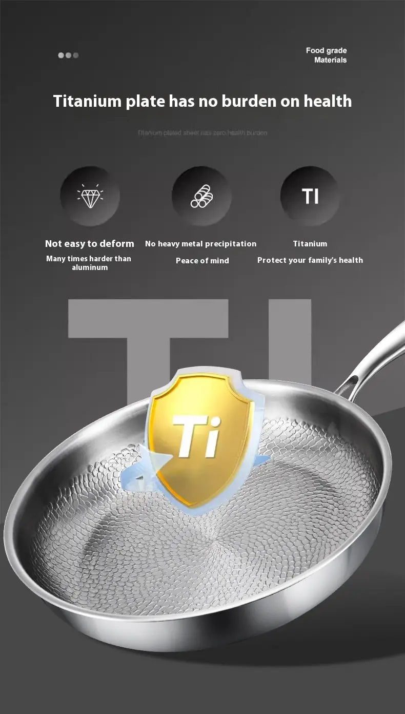 Silver-toned titanium hammered non-stick frying pan with textured surface and sleek handle shown from the front.