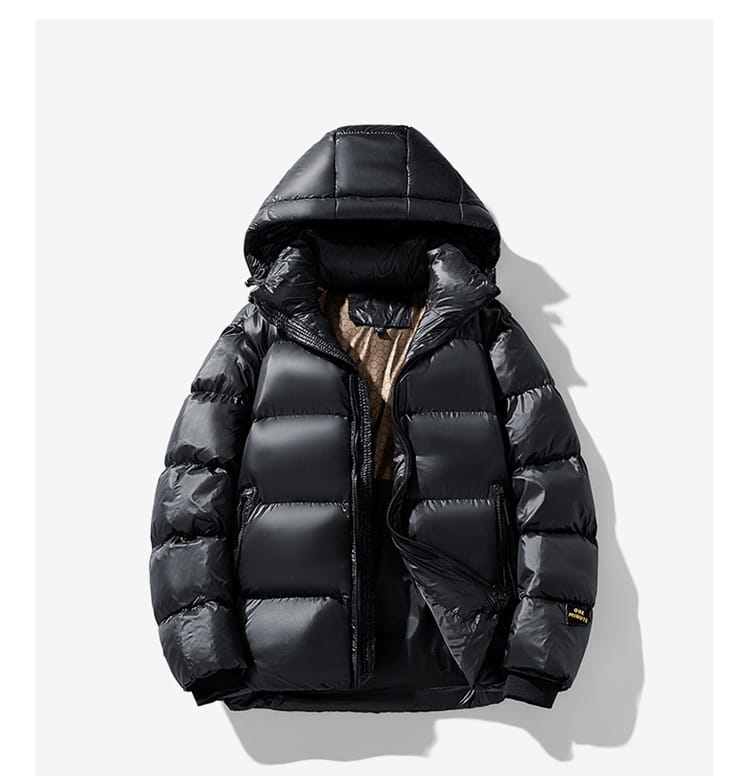 Men’s hooded corduroy puffer jacket plus size in black with a quilted design and shiny outer shell.