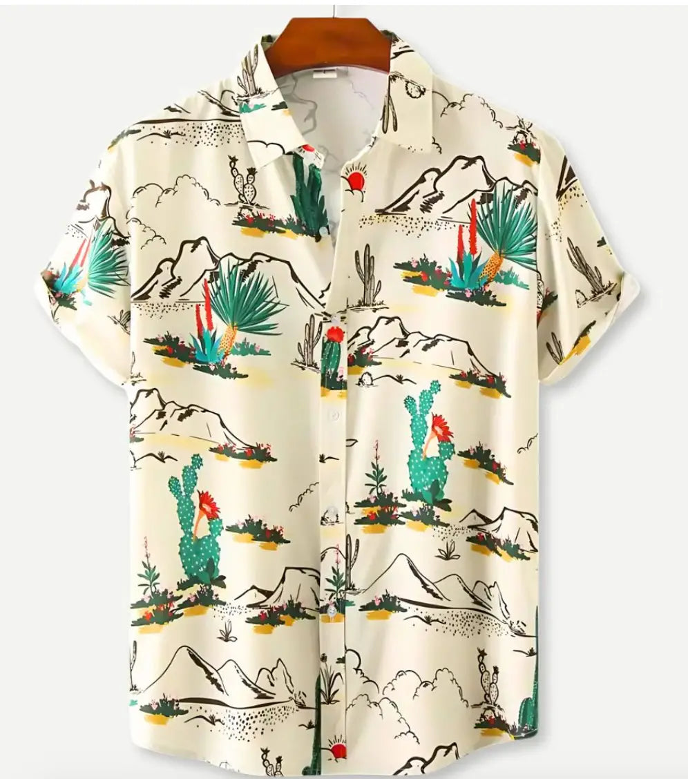 A cream-colored floral Hawaiian short sleeve shirt for men featuring a vibrant desert-themed pattern with green cacti red flowers and black-outlined mountains.