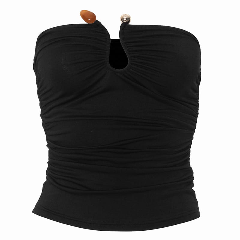 Black ruched strapless keyhole crop top featuring decorative wooden and metallic buttons at the shoulders.