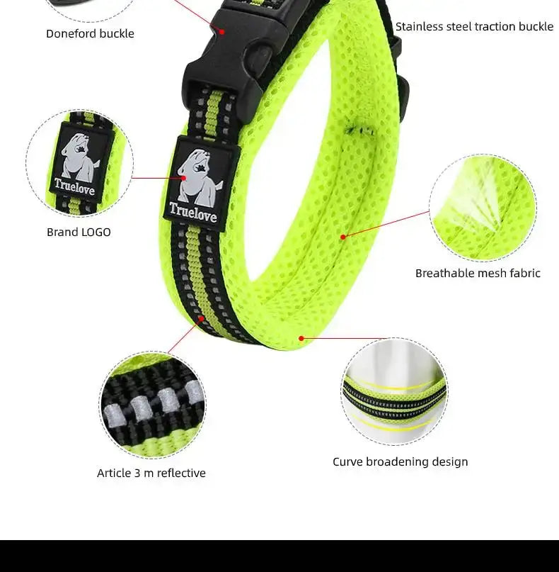 collar para perro de malla acolchada reflectante talla mediana en verde neón brillante, con malla transpirable negra y tiras reflectantes, con hebilla de tracción de acero inoxidable.