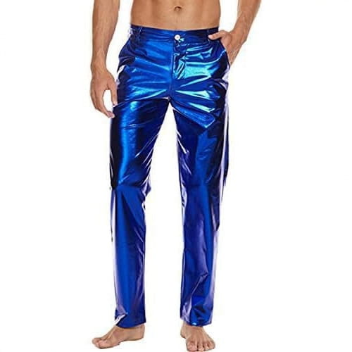metallic silver high waist straight leg disco pants in shiny blue metallic fabric with a sleek form-fitting design