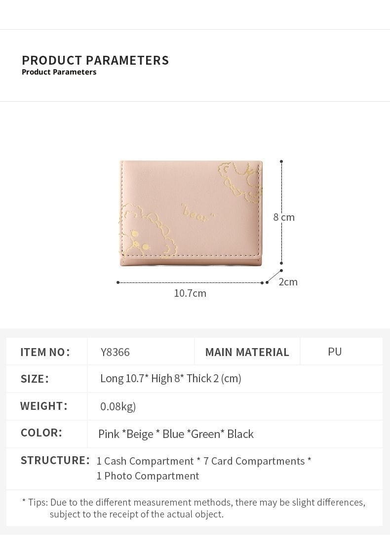 A sleek blush pink pu leather women’s small cat print folding wallet with subtle gold-toned floral embossing and precise stitching along the edges.