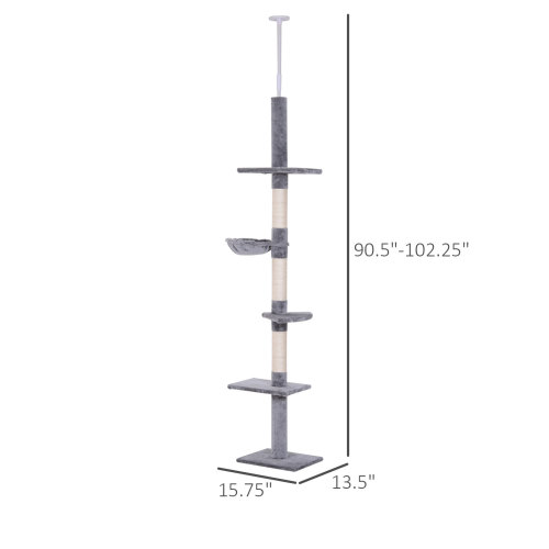 Adjustable floor-to-ceiling cat tree in grey with gray and cream-colored platforms, multiple scratching posts, and a top perch for cats.