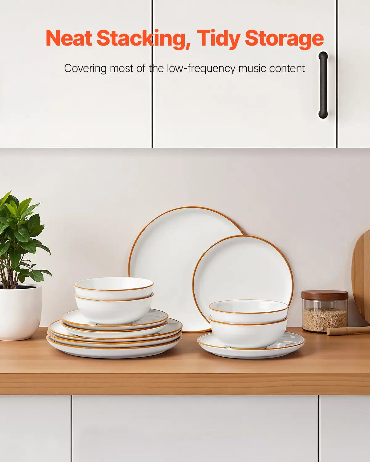 White ceramic dinnerware set with gold rims featuring 12 pieces for elegant dining.