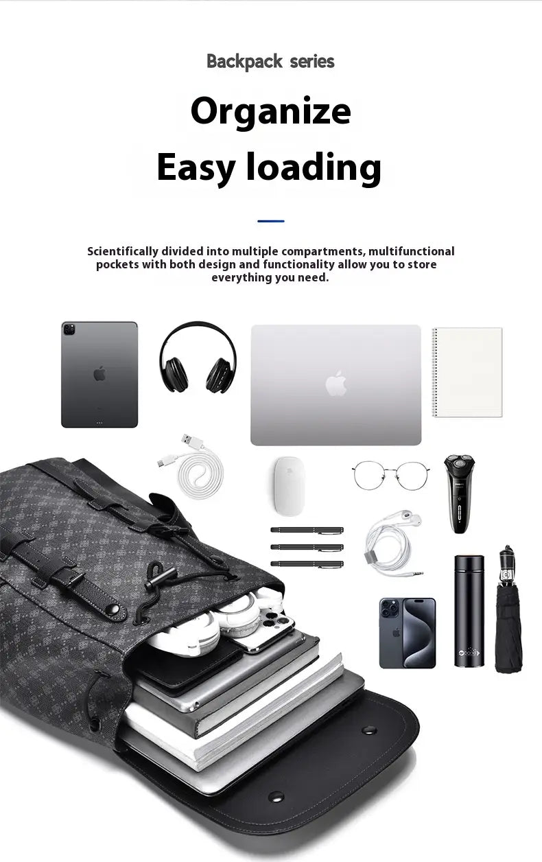 Black men’s leather business travel backpack with subtle geometric pattern sturdy leather straps and laptop sleeve designed for easy loading and organized storage.