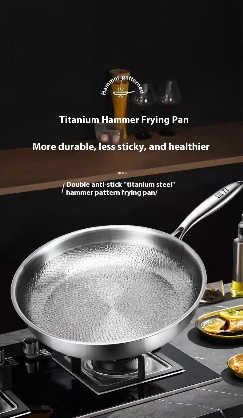 Silver titanium hammered non-stick frying pan with lid featuring a sleek and durable design.