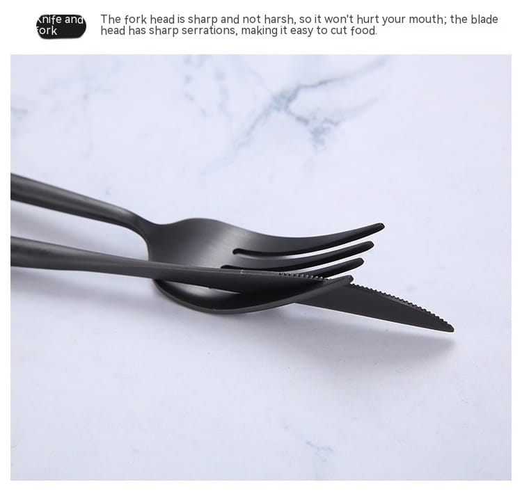 Matte black stainless steel knife and fork set with serrated blade and sharp tines from a 60 piece tableware collection.