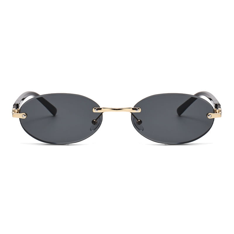 Frameless oval uv400 fashion sunglasses with gold-toned metal frame, sleek dark gray lenses, and black temple arms.
