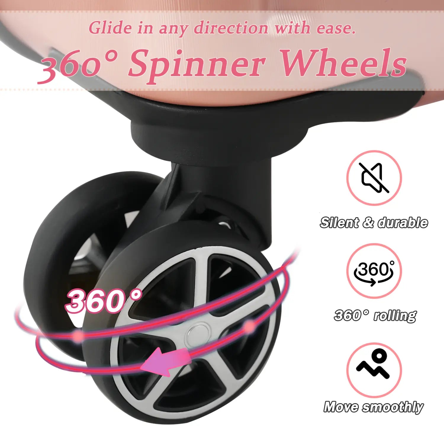 black and silver 360-degree spinner wheels with durable silent rolling design on the back side of a rose gold 28 inch expandable hardshell spinner suitcase