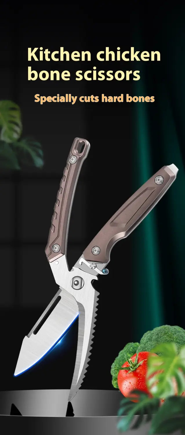 Silver stainless steel kitchen chicken bone scissors with serrated blades and textured brown handles for precise cutting.
