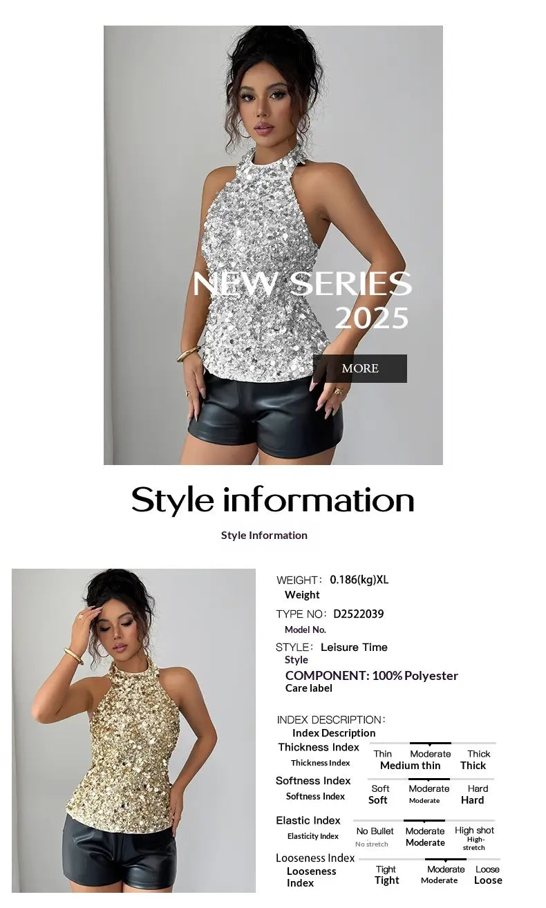 Top palabra de honor con lentejuelas plateadas, luminoso y con cuello alto, silueta entallada, diseñado como una blusa elegante sin mangas.