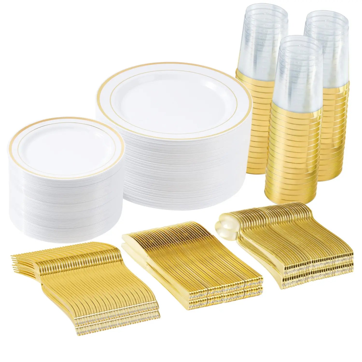 white plastic plates with a thin gold rim from a plastic tableware set designed for 50 guests