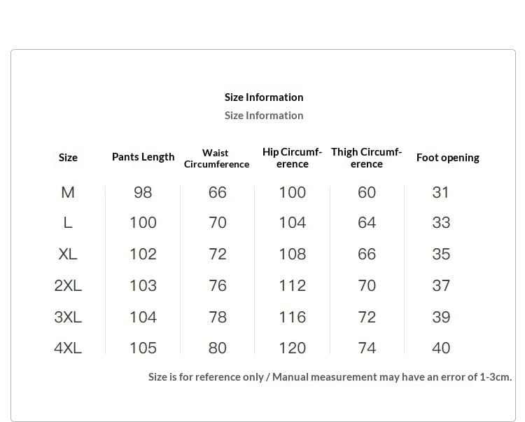 Tableau d’informations sur les tailles pour les pantalons de ville casual plissés pour hommes, indiquant les mesures en centimètres de la taille M à la taille 4XL.