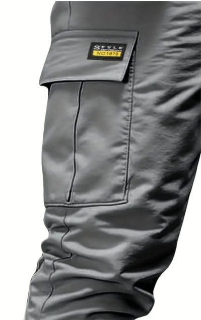 Men’s slim fit cropped gray cargo joggers with durable fabric and a prominent flap pocket featuring a yellow label style no.1978.