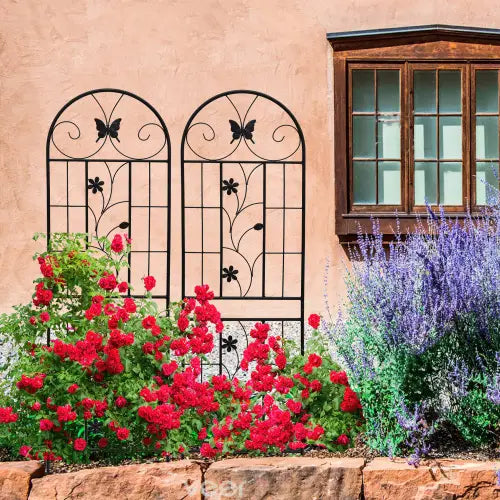 black wrought iron garden trellis with arched tops and butterfly motifs rustproof metal 2 pack 71 inches tall