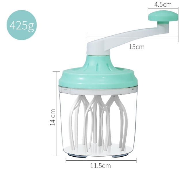 Ein minzgrüner und weißer manueller Handkurbel-Eigquirl und ein 1200-ml-Lebensmittelmixer mit klarem Kunststoffbehälter, der silberfarbene Rührbesen umschließt.
