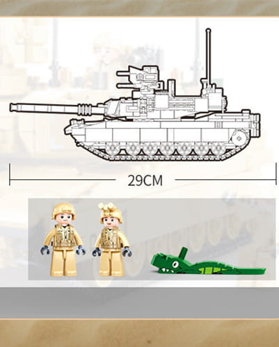 Bausatz-Modellbaustein für einen Militärpanzer als gepanzertes Auto-Spielzeug: 29 cm lang, mit detailliertem Turm und Ketten in grünem Kunststoff, begleitet von zwei minifigurengleichen Figuren in Tan-Uniform sowie einem grünen Alligator-Zubehörteil.
