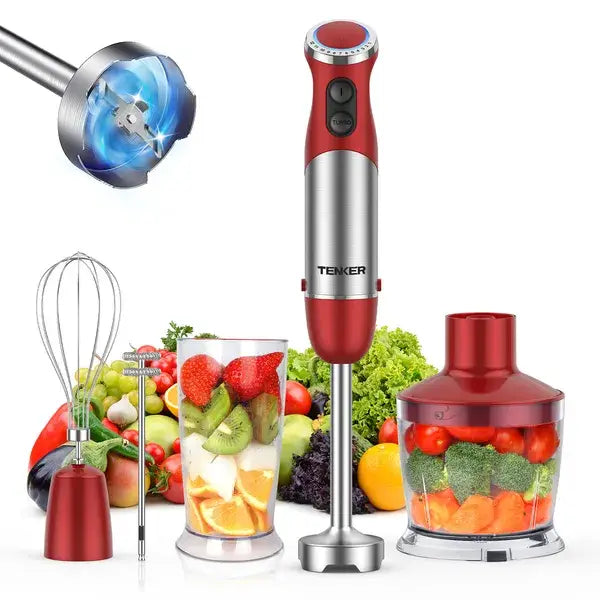 Stabmixer mit Tenker-Eintauchtechnik in Rot und Silber, 1000 W, 5-in-1-Handset mit abnehmbaren Klingen, Schneebesen-Aufsatz und Schüssel für die Küchenmaschine.