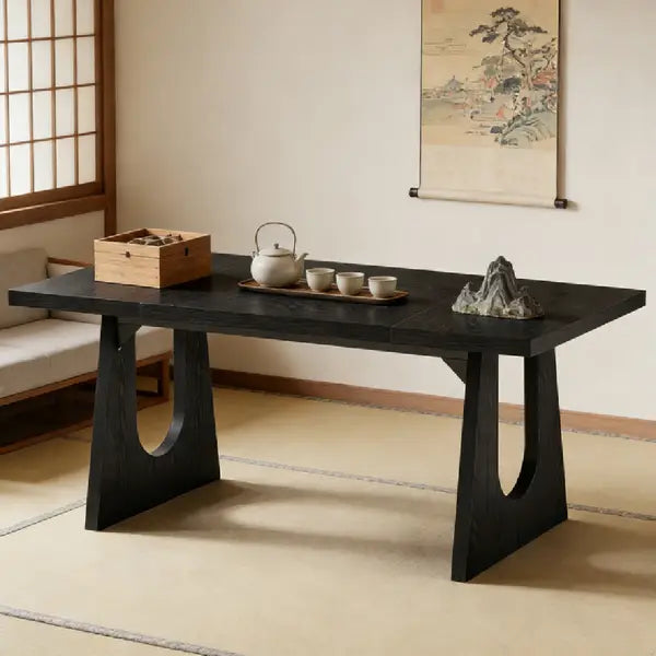 Escritorio ejecutivo negro de 70 pulgadas, mesa moderna de madera, con una superficie de comedor de madera barnizada en negro y patas pedestal en forma de U distintivas.