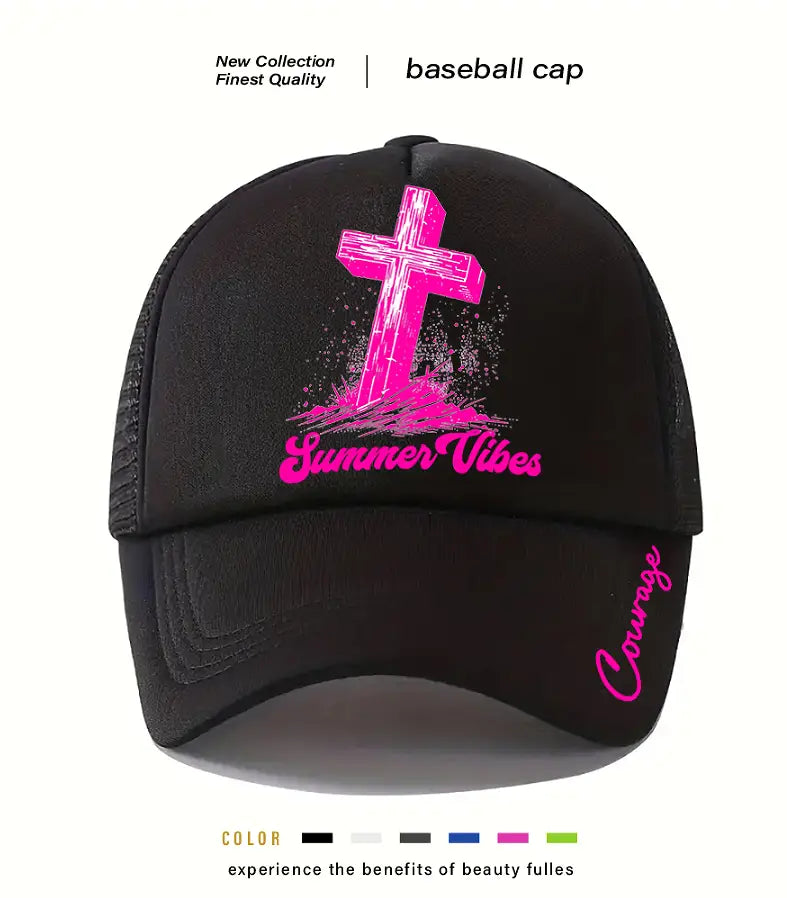 Black baseball cap featuring a vibrant pink cross and summer vibes graphic with the word courage scripted in pink along the brim.