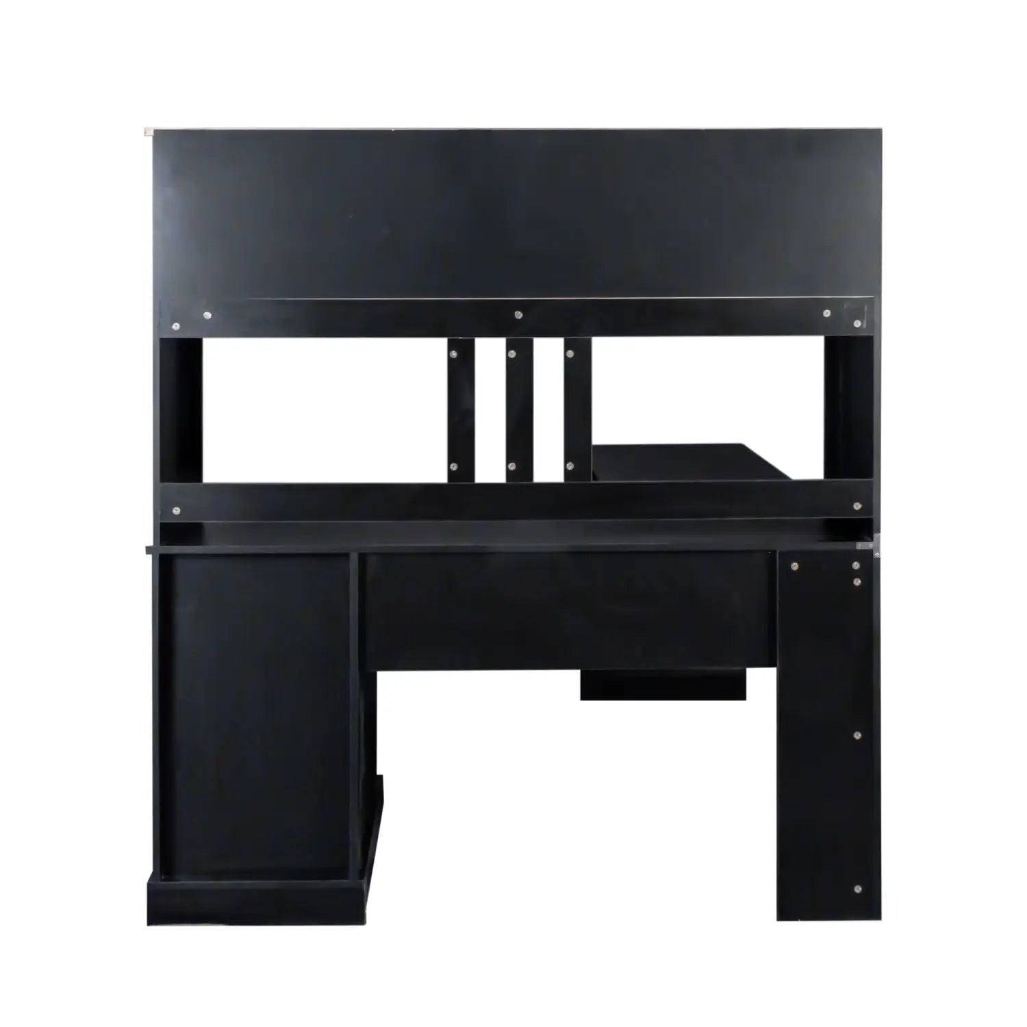 Tête de lit en métal noir avec des lattes verticales modernes minimalistes et des compartiments de rangement intégrés, illustrée avec un bureau d’ordinateur en forme de L avec hutch et tiroirs.