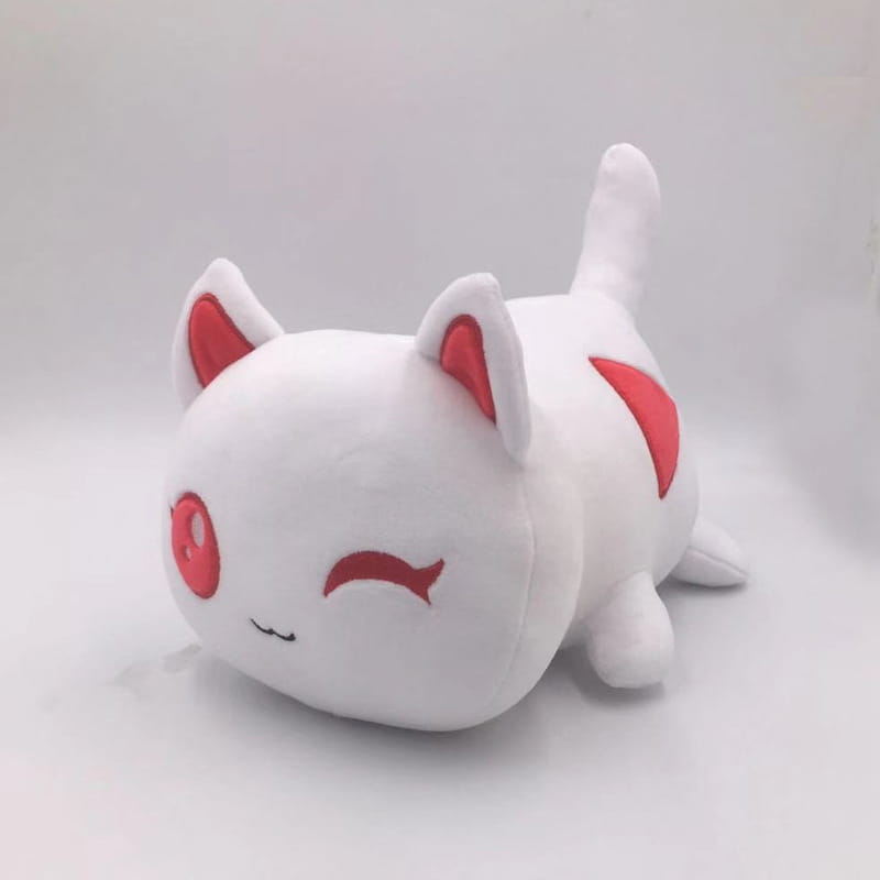White plush cat stuffed animal toy for kids 25cm with red inner ears, red circular eyes, and a small red heart-shaped mark on its side.