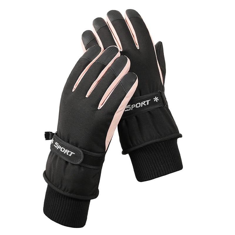 Black and pink touchscreen winter cycling gloves with a snug wrist strap designed to be waterproof and warm.