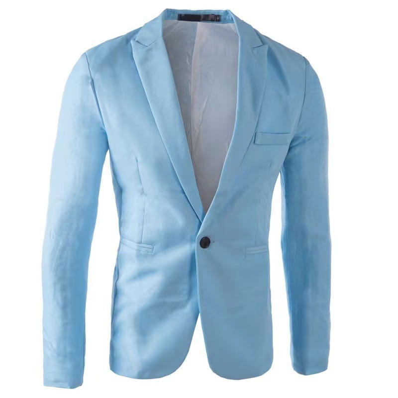 Veste de blazer décontractée à simple boutonnage bleu marine pour homme présentant un tissu bleu clair avec une texture discrète et un seul bouton noir.