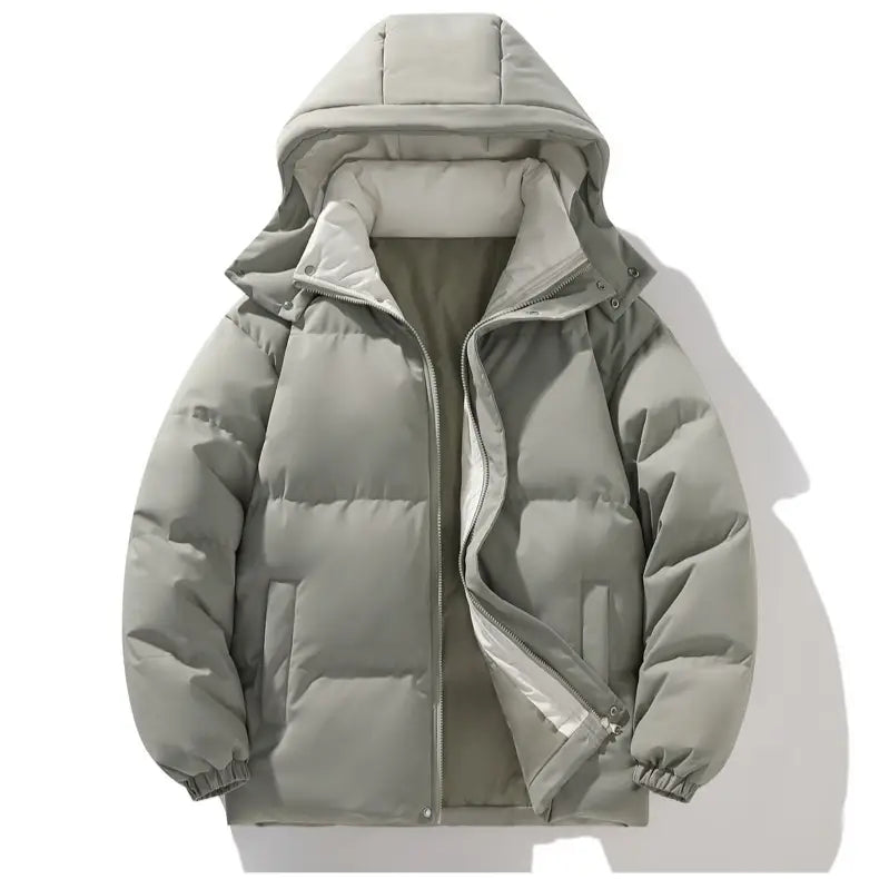 A sleek light gray insulated hooded quilted puffer jacket designed for outdoor sports.