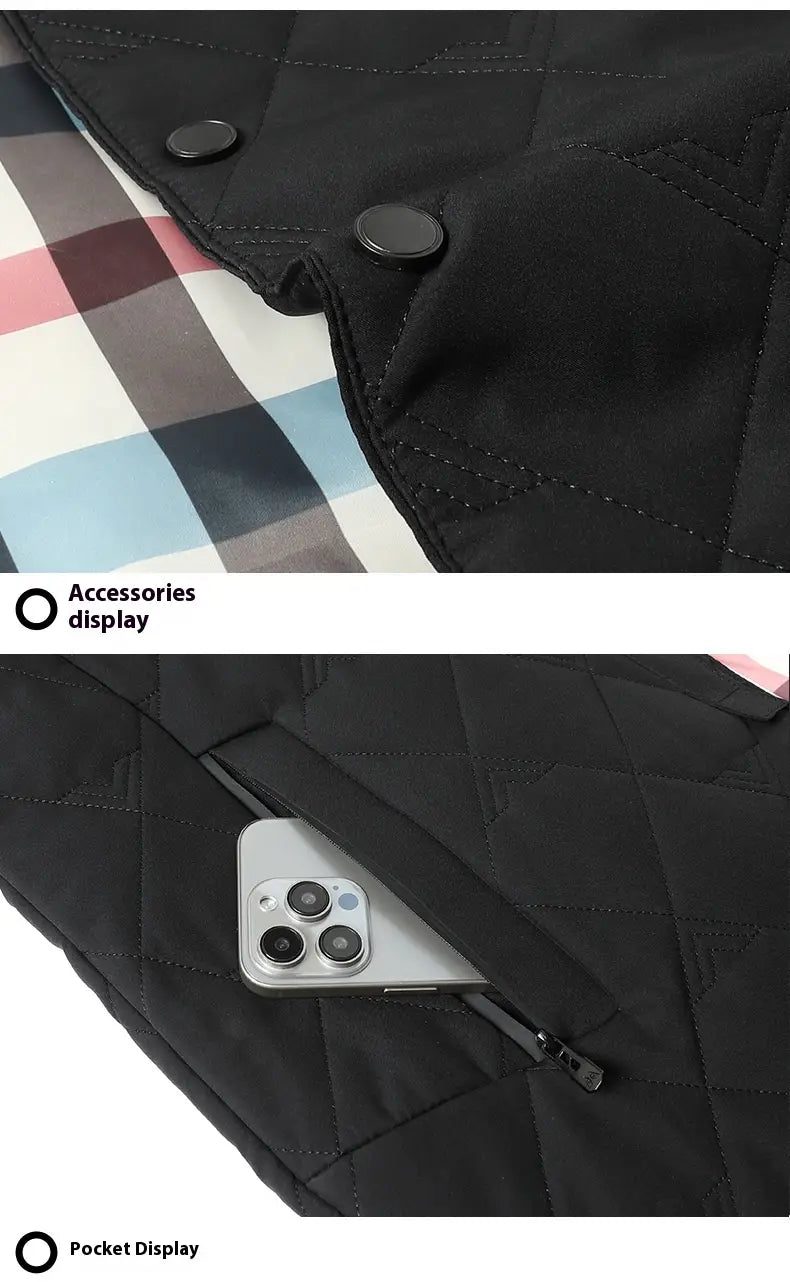 Chaqueta acolchada de trabajo para hombres en negro con textura acolchada, forro de cuadros y botones a presión.