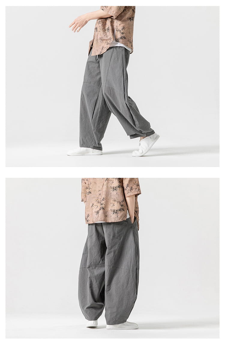 Pantalon ample en toile de tai-chi en coton gris, coupe ample et jambe large décontractée, pour un port décontracté