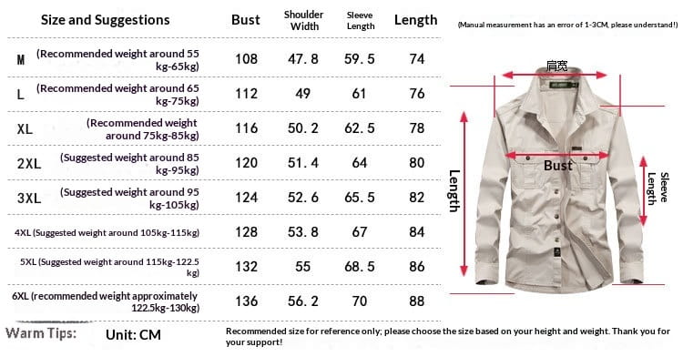 Chemise d’homme d’extérieur à manches longues unie beige, boutonnée, à col classique, comportant plusieurs poches de poitrine, réalisée dans une matière d’usage courant.