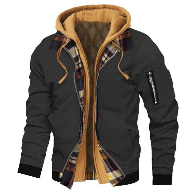 Plus size dark gray bomber jacket with tan fleece lined hood and plaid interior lining designed for warmth and style.