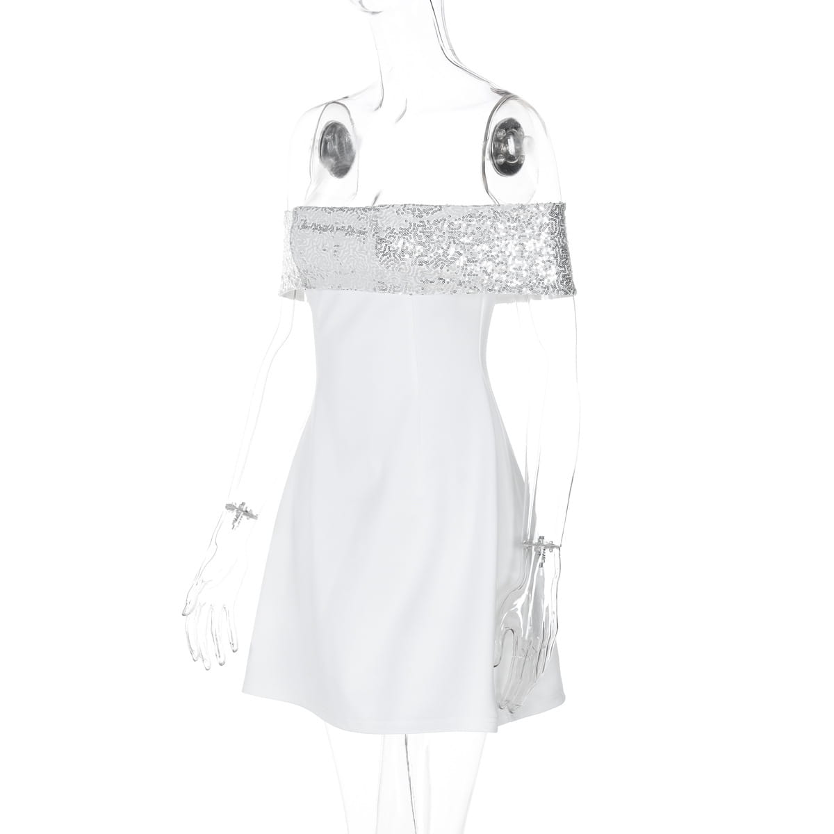White off-the-shoulder bodycon mini dress featuring a sparkling silver sequined band across the bust.