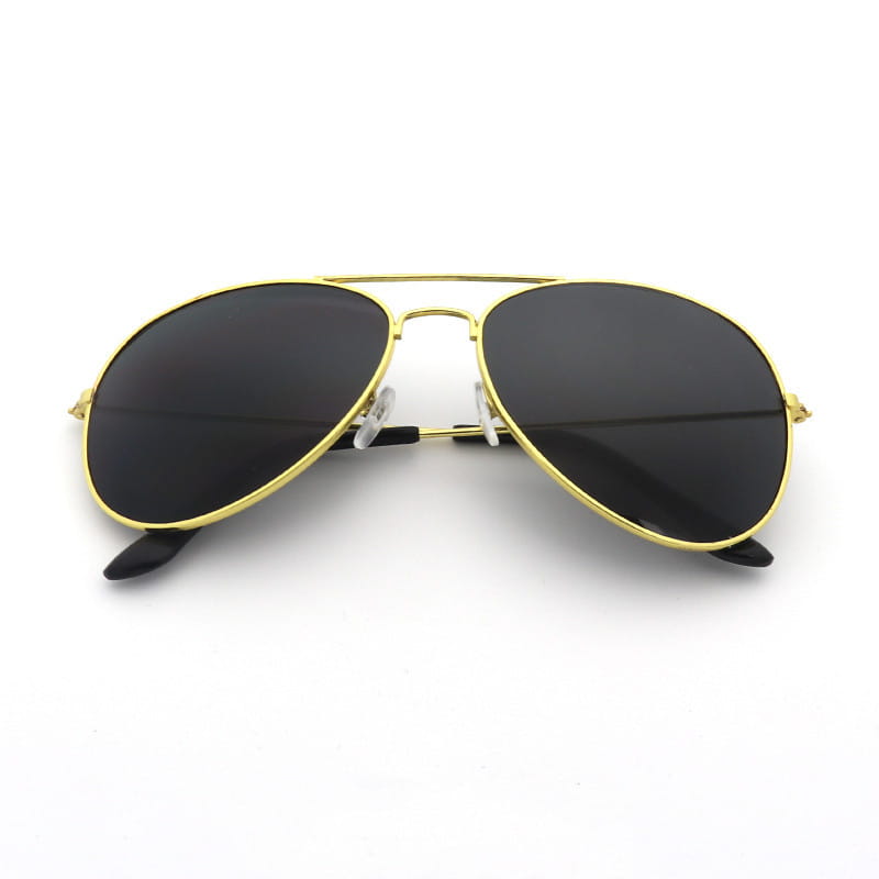 Classic unisex metal aviator sunglasses with gold rims, dark gray lenses, and black temple tips featuring UV protection.