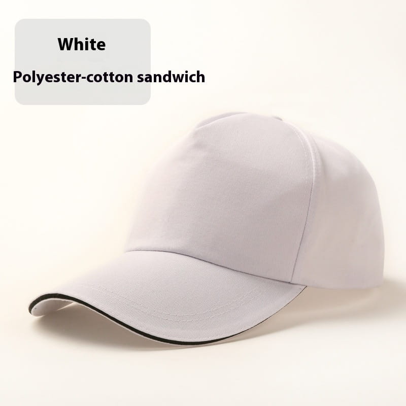 Casquette de baseball unisexe blanche en tissu intercalaire polyester-coton avec une bordure noire le long du bord, conçue comme un chapeau de soleil.