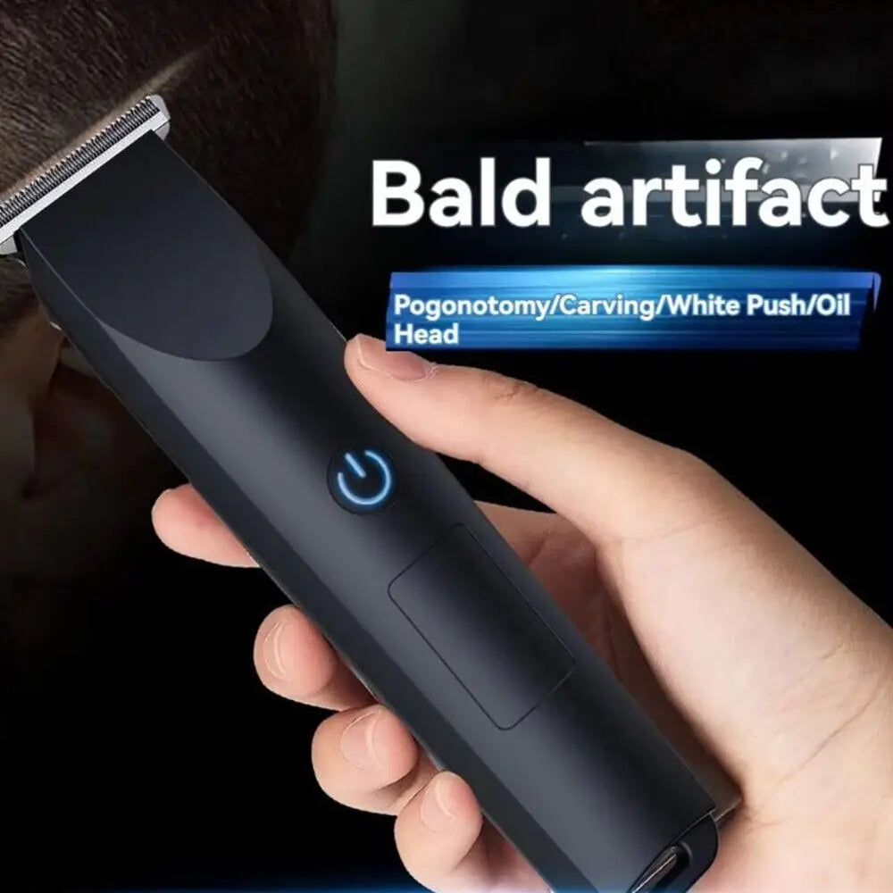 Black cordless electric hair clipper with sleek ergonomic design and illuminated power button for beard trimming in a cordless trimmer set.