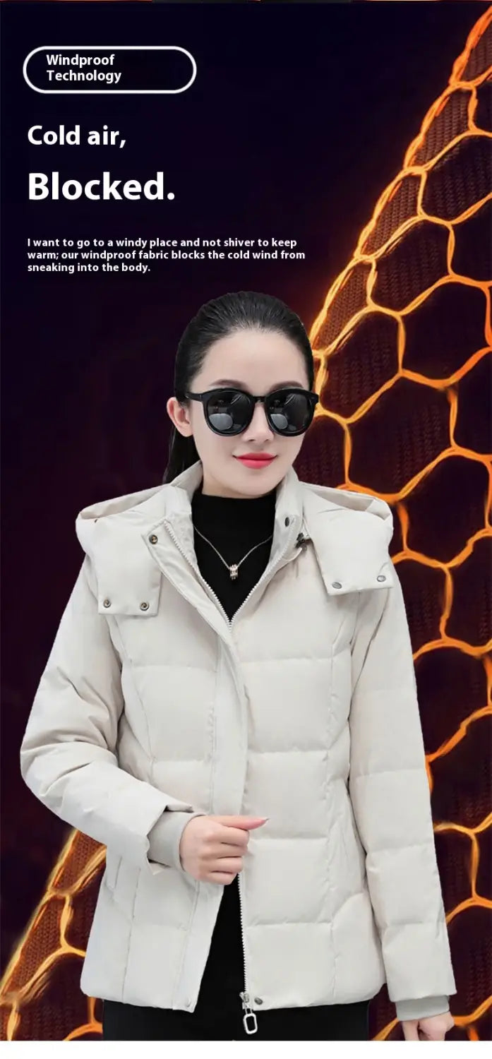 Chaqueta acolchada color crema con capucha y cremallera frontal, diseñada como una chaqueta corta de plumón para mujer, abrigo acolchado corto, grueso y abrigador para el invierno.