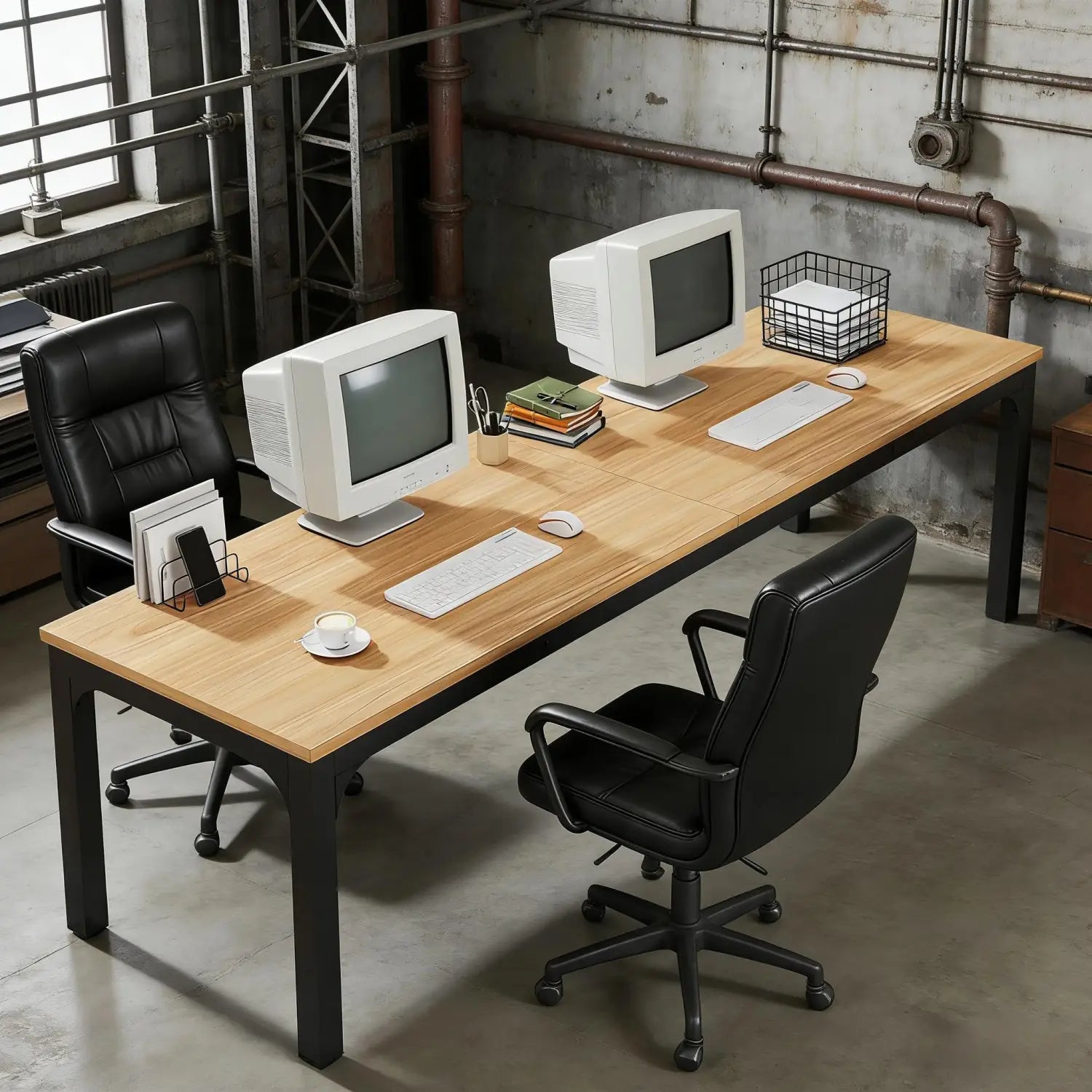 Bureau de direction de 78 pouces, double poste de travail, en bois avec des pieds en métal noir, au style industriel, adossé à un mur d’arrière-plan en béton rustique.