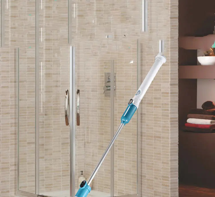 Blue and white telescopic electric spin scrubber with a sleek modern design for kitchen and bath cleaning.