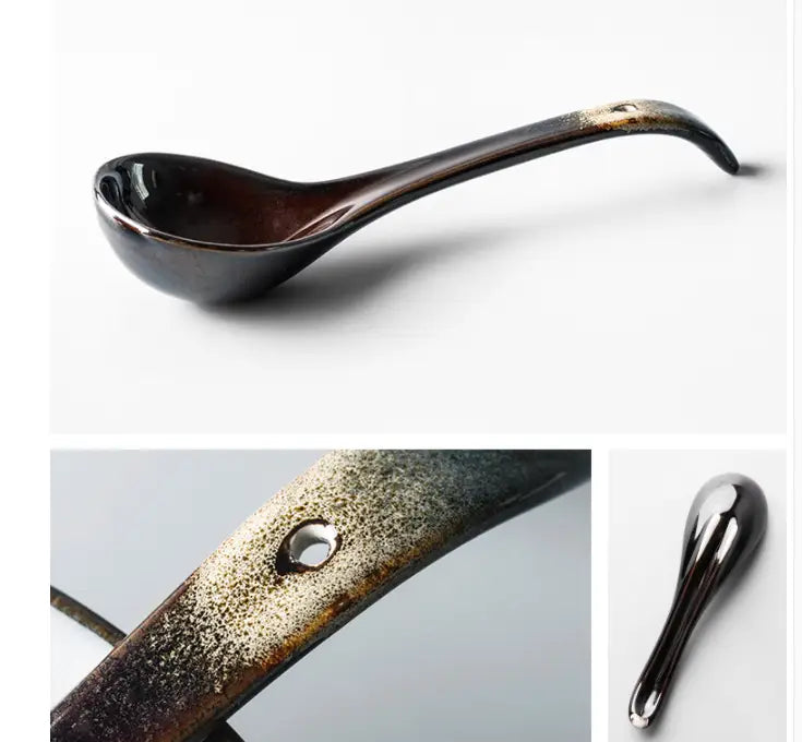 A sleek glossy black ceramic ladle with a subtle gold speckled gradient finish and an elegant curved handle from a ceramic tableware set black and gold kiln glaze porcelain.