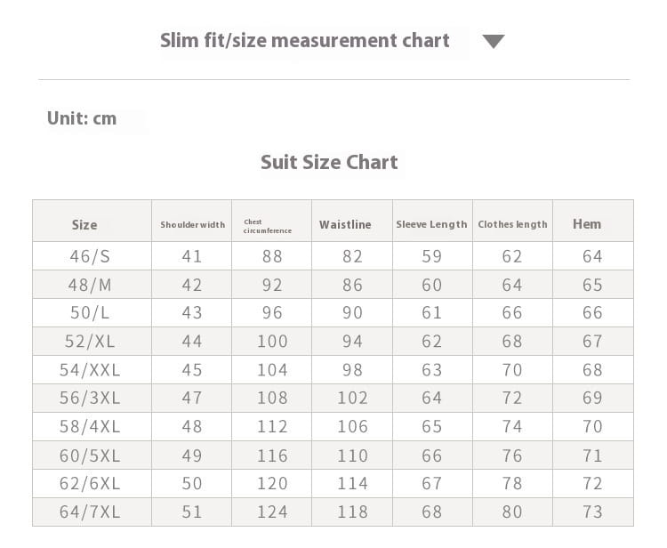 プラスサイズのテクスチャ入り三点セット（サイズ46／S〜64／7XL）向けの、センチメートル表記のスリムフィットスーツのサイズ表。