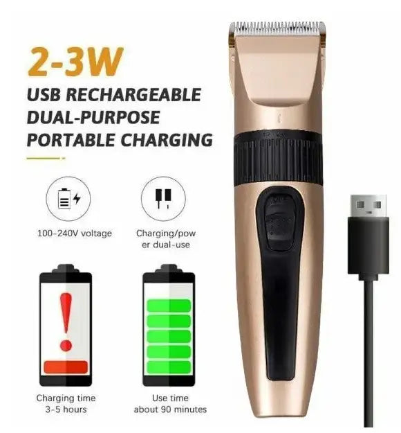 Professional hair clippers cordless gold barber kit featuring a gold and black usb rechargeable electric clipper with dual-purpose charging capability.